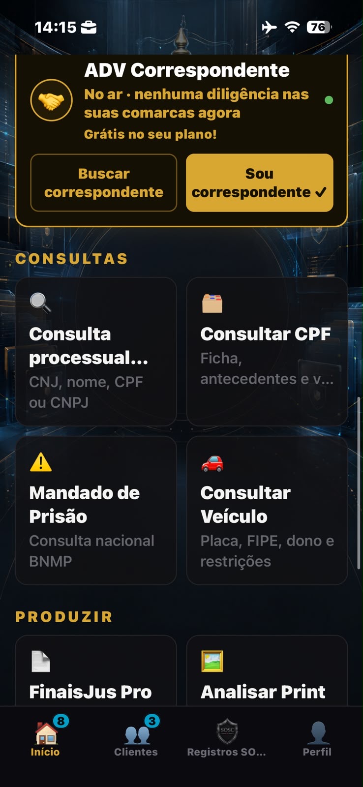Tela de consultas e advogado correspondente