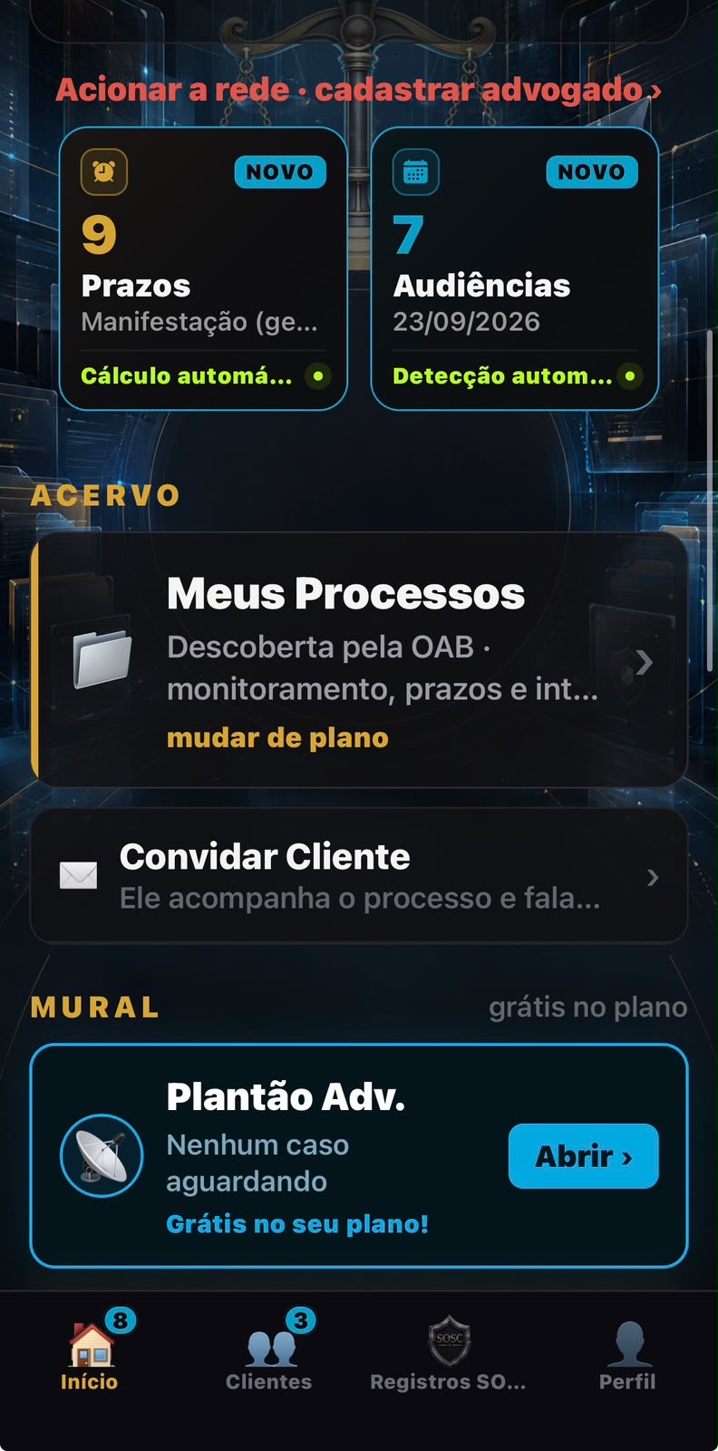Tela do escritório digital com prazos, audiências, processos e plantão