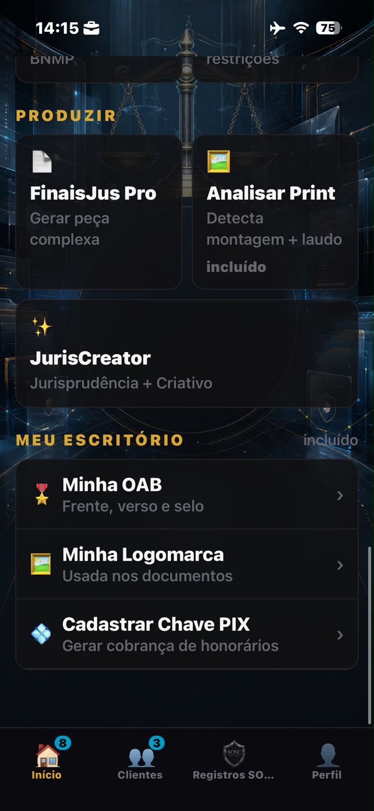 Tela de produção jurídica e configuração do escritório