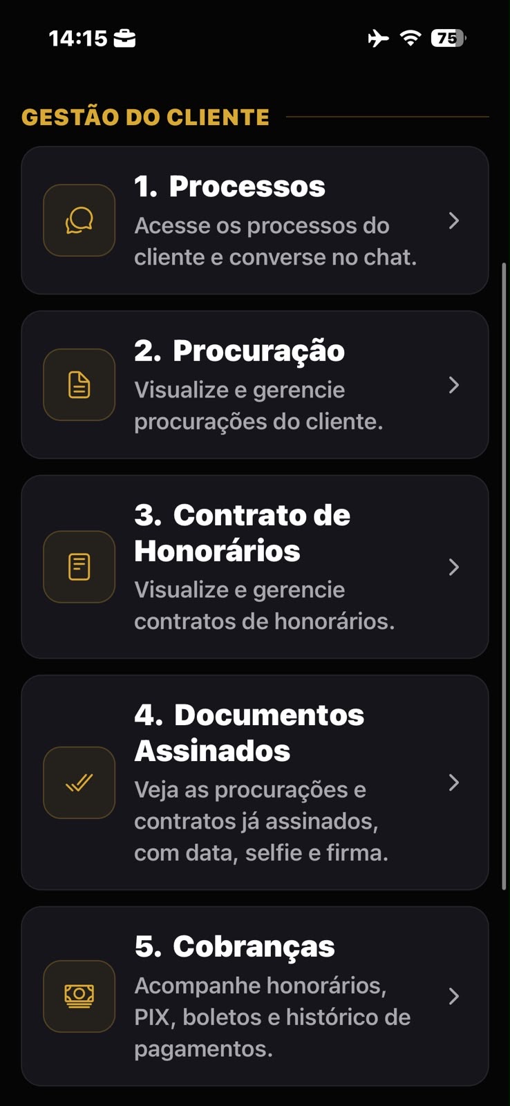 Tela Gestão do Cliente com processos, procuração, contrato, documentos e cobranças